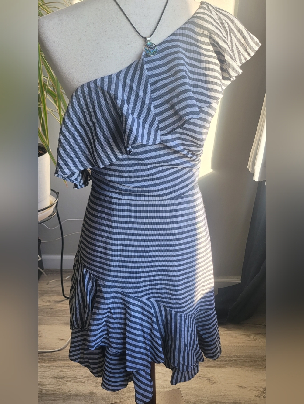 Halston Heritage One-Shoulder Ruffle Stripe Dress in Blue and White